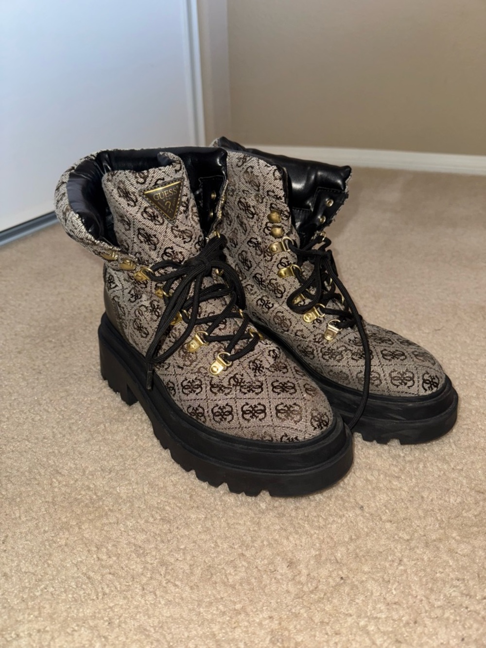 GUESS Brown Logo Lace-Up Hiking Combat Boots with Black Lug Sole Gold Hardware